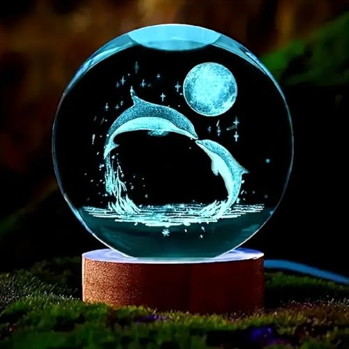 Image of Hamsa LED Crystal Ball Night Light - 16-Color Changing Globe Lamp with Dolphin & Moon Design, USB-Powered Desktop Decorative Mood Light for Home & Office