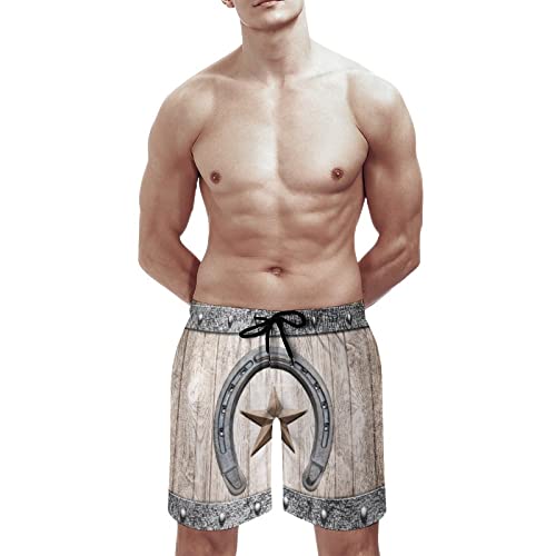 Western Texas Star Horseshoes Mens Swim Trunks Quick Dry Beach Shorts Mesh Lining Swimwear Bathing Suits with Pockets2