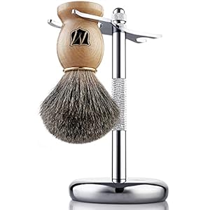 Miusco Natürlicher Dachshaar-Rasierpinsel und Rasierständer Rasierset, Chrom Rasierpinselhalter, Silber, Kompatibel mit…
