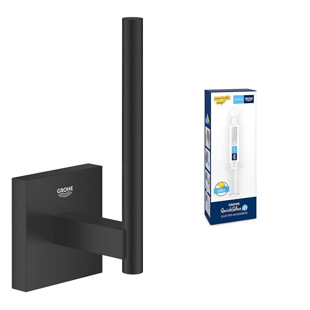 GROHE Start Cube QuickFix Portarrollos de Papel higiénico y A1 QuickGlue (Material: Metal, Montaje en Pared, Fijación Oculta, con Tornillos y Tacos), Tamaño 134 mm, Negro Mate, 409792430