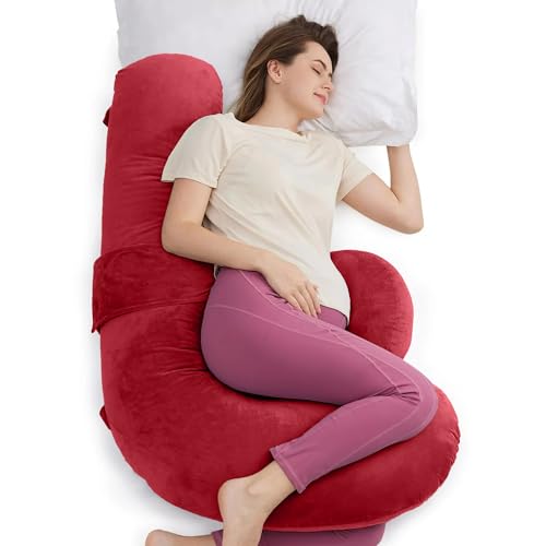 Image of J-Shaped Sleeping Pregnancy Pillow| Removable Velvet Covers| PregnoCare Fibres| Baby Shower Gift, Maternity, Nursing| Full Body Soft-Support Bump, Head, Back, Shoulder, Hips, Legs and Belly (Red)