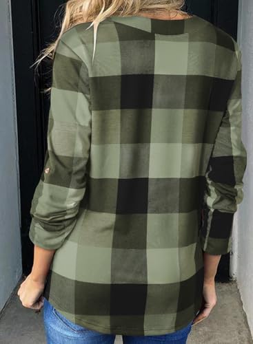 Image of Dokotoo Womens Tops Plaid Cotton Cuffed 3 /4 Sleeve Shirts Blouses