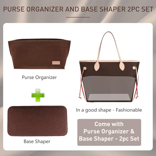 Image of Doxo Purse Organizer Insert for Handbags & Base Shaper 2pc Set, Felt Neverfull PM Organizer Insert, Tote Bag Organizer with Zipper Pocket and Bottle Holder, Fit Neverfull PM and More, Brown-M