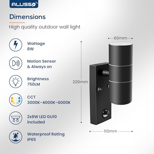 ALUSSO Motion Sensor Outdoor Wall Lights IP65, Stainless Steel Up Down Lights 3000K/4000K/6000K Selectable, 2x 8W GU10 Bulb Included,Outside Security Lights Mains Powered Sconce Wall Mounted for Porch