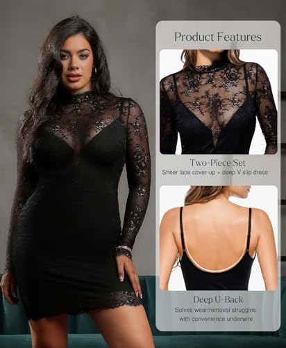 Popilush Lace Long Sleeve Dress - Shapewear Formal Mother of Bride Dresses Sheer Mesh Wedding Guest Mini Dress for Women3