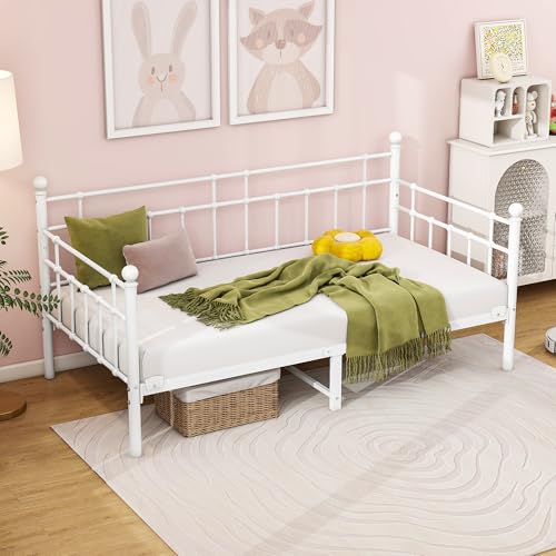 HOMERECOMMEND Tagesbett Bettgestell 90x200 cm,Metallbett Schlafsofa Bett 90x200 cm mit Stauraum unter dem Bett Bettrahmen Jugendbett,Tagesbett Bettrahmen für Schlafzimmer Wohnzimmer,Weiß – Bild 5