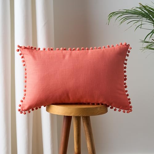 Image of 100% Cotton Pom Pom Cushion Without Filler, Elegant & Modern Cushion Cover for Living Room, Rectangle, 12 inchx20 inch, uni slub, Set of 3 - Coral