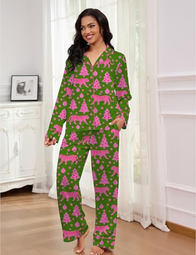 Image of SHESHOW Satin Pajamas Set for Women Set Long Sleeve Button Down Pjs Sets 2 Piece Loungewear Animal Sleepwear XS-XXL