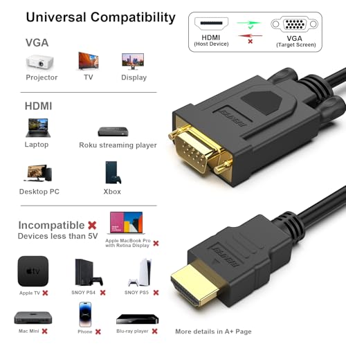 Image of BENFEI HDMI to VGA 3 Feet Cable, Uni-Directional HDMI (Source) to VGA (Display) Cable (Male to Male) Compatible for Computer, Desktop, Laptop, PC, Monitor, Projector, HDTV, Raspberry Pi, Roku, Xbox