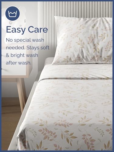 Image of Kids Twin Size Leaves Bed Sheets - 3 Piece Kids Leaves Sheet Set | Leaves Themed Bedding, Ultra-Soft, Cute & Cozy, Breathable & Machine Washable, Kids Bed Set for Boys, Girls, Teens & Toddlers