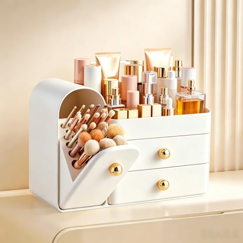 Image of HBlife Makeup Organizer Countertop with Drawers, Vanity Organizers with Brush Holder, Bathroom Counter Organizer for Perfume, Nail Polishes, Lipsticks, Skincare and Eyeshadow Palettes, White