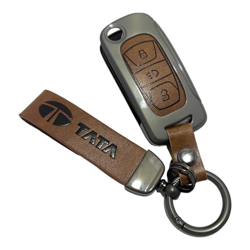 Image of Zinc Metal Alloy Leather Car Key Cover & Case Brown with Keychain & Holder fit for TATA Nexon, Punch, Altroz, Tigor, Tiago, Harrier, Zets, Bolt, Hexa, Storme (3 BT Flip Key)