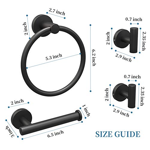 Sofier Black Bathroom Accessories Set 4 Piece with 304 Stainless Steel Black Towel Ring Toilet Paper Holder and 2 Robe Towel Hooks Wall Mounted Matte Black Bathroom Hardware Set