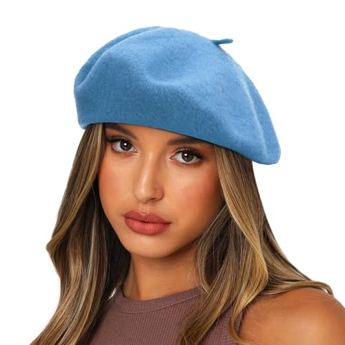 Sydbecs - Gorros de lana para mujer y niña, estilo francés, Celeste, Talla única, Celeste, talla única