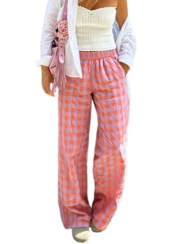 Sunloudy Women Drawstring Plaid Long Pants Elastic Waist Straight Leg Gingham Print Long Trousers Casual Lounge Pants