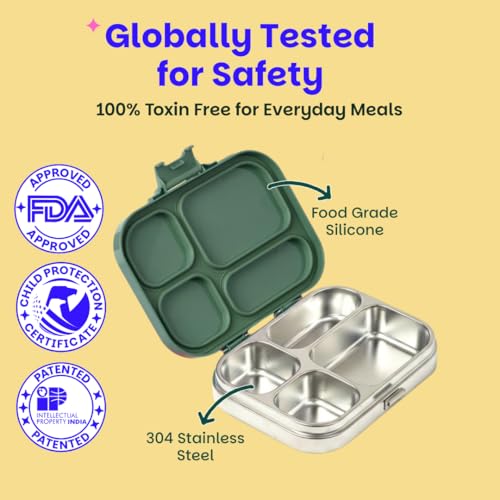 Image of Basil Bento Box Quad - 4 Compartment Stainless Steel Lunch Box with BPA-Free Plastic Lid | 800 ml Leak-Proof Tiffin Box for Kids & Adults | Premium School, Office, and Picnic Lunch Box - Emerald Moss