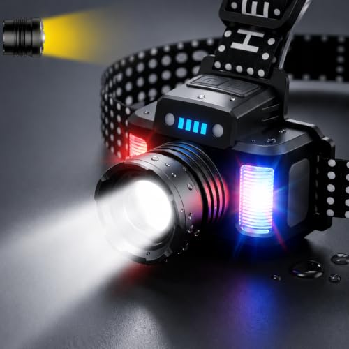 SKYFIRE Rechargeable Tactical Headlamp 3500 Lumens, LED Headlamp with 5 Color Lights, Zoomable Beam, 10 Modes, 90° Adjustable, Waterproof Head Flashlight for Camping, Fishing, Hiking, Emergency