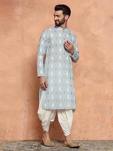 Image of KISAH Men Cotton, Full Sleaves, Knee Length, Straight, Regular Fit, Mandarin Collar Ethnic wear, Sky Blue, 40