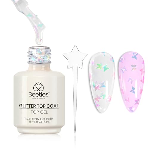 Beetles Glitter Gel Top Coat 15ml - Mirage Butterfly Glitter Shine No Wipe Top Coat Long-Lasting for Gel Polish Butterfly Sparkle Soak Off UV LED Gift for Women