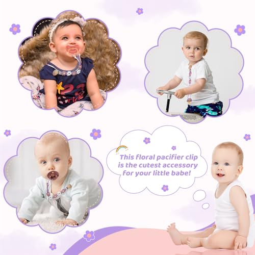 Image of Pacifier Clip for Boys Girls Floral Daisy Macrame Baby Paci Clip Pacifier Holder Leash Boho Wooden Clips Handmade Braided Cotton Binky Clips (2pack:Lavender Style x 2)