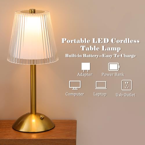Image of Liliful 4 Pcs Cordless Table Lamp Rechargeable Touch LED Small Gold Portable Battery Operated USB-c Desk Lamp 3 Color Dimmable for Bedroom Living Room Dining (Gold,Hollow Lined Style)