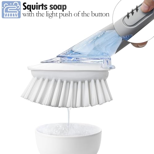 Soap Dispensing Replacement Dish Brush Storage Set with 2 PCS Brush Refills & Holder - RIMAY Dispenser Scrub Cleaning Scrubber Kitchen Dishwashing Dish Wand Handle for Dishes/Pans/Pots/Sink(Grey) - Thumbnail 5