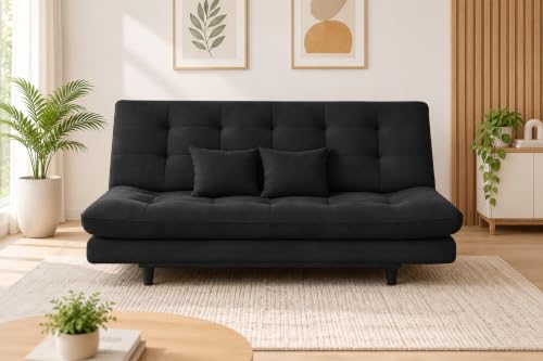 Image of 3-Seater Velvet Sofa Cum Bed | Tufted Convertible Sleeper Sofa | Plush Cushioned Seating | Space-Saving Design for Living Room, Bedroom & Office | Black