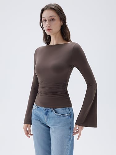 SUUKSESS Women Crew Neck Bell Sleeve Tops Double Lined Going Out Fitted Basic T Shirts4