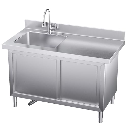 kaiwrxin All-in-One Stainless Steel Utility Sink with Cabinet, Workbench & Pull-Down Faucet – Freestanding Commercial Sink for Kitchen, Laundry, Garage, Outdoor Use