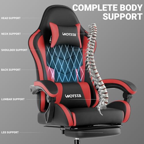 Image of Ergonomic Gaming & Office Chair, Footrest, Racing Design Black /Red | PVC with headrest,lumbar, Adjustable Height recliner for adults 2D-Linkage Armrests for 300LBS