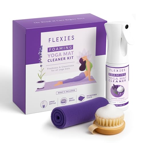 Image of Flexies Foaming Yoga Mat Cleaner Spray Kit, Plant Based Non Toxic Mat Cleaner with Brush and Microfiber Cloth, Yoga Essentials for Women and Men, Pilates Mat Care, Lavender