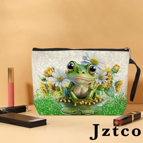 Jztco Cute Frog Makeup Bag Frog Gifts Frog Themed Gifts for Women Animal Lover Her Mom Wife Best Friend Aunt Niece BFF Toiletry Bag Mothers Day Graduation Birthday Gifts Daisy Flower Cosmetic Bag2
