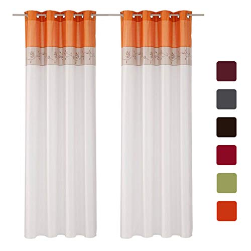 SIMPVALE Juego de 2 Cortinas Floral Bordadas con de Seda Artificial con Ojales para Balcón Salón Dormitorio (Ancho 145cm/Altura 175cm, Naranja)