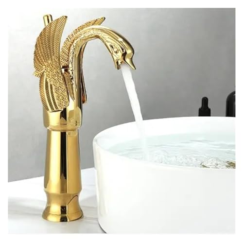 Grifo de cisne elegante con agua fría y caliente para lavabo de baño en cromo y oro
