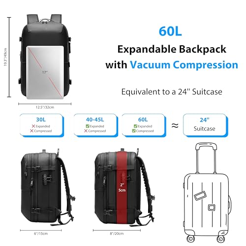 Image of 60L Vacuum Backpack Travel, TSA Lock, Charging Port, Waterproof