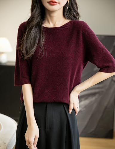 Women's 100% Merino Wool Spring Fall Winter First-Line Ready to Wear Seamless Knit Crewneck Short Sleeve Sweater4