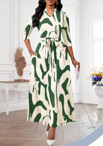 Image of BubFee Maxi Dresses for Women Semi Formal Long Dress 3 /4 Sleeve Casual A-line Church Dresses with Pockets