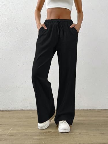 Image of TOPLOT Women's Linen Blend Wide Leg Palazzo Pants | Elastic Drawstring Waist Trousers for Woman | Relaxed Fit Casual Lounge Trousers | Breathable Straight Leg Everyday Bottom Wear (5268)