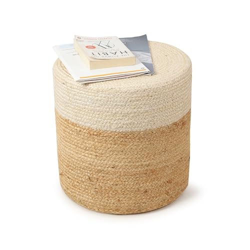 Image of Habere India-All the Cultures Fabricating India Ottomans for Living Room | pouffe Stool | Ottoman Stool | Jute pouffes for Sitting - White, Round (M: Dia40xH41 cm)