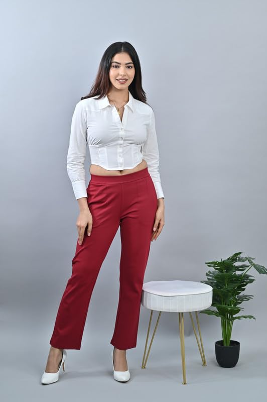 Image of Mlada Straight Fit Cigarette Pencil Pants Elastic Waist Band Mid High Waist Formal Office Trousers for Women, Pockets for Travel Stretch Cotton Knit Full Length Regular /Plus Size