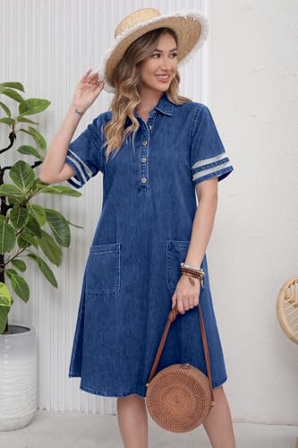Image of utcoco Denim Dress for Women 2026 Casual Tulle Short Sleeve Button Jean Midi Dress with Pockets