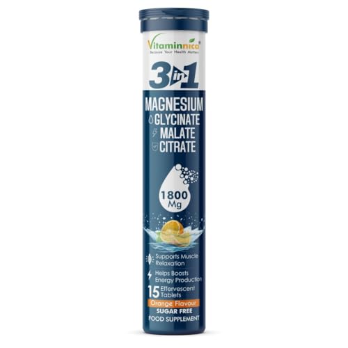 Vitaminnica Magnesium 3-in-1 Effervescent- 15 Tablets High Absorption Magnesium Malate Citrate & Glycinate Energy Muscle Function & Relaxation Sugar-Free (Pack of 1 Orange)