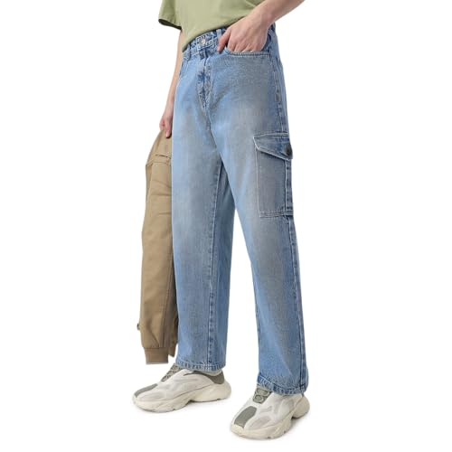Image of Neostreak Men's Loose Baggy Fit Washed Cargo Jeans with 6 Pockets Non-Stretchable