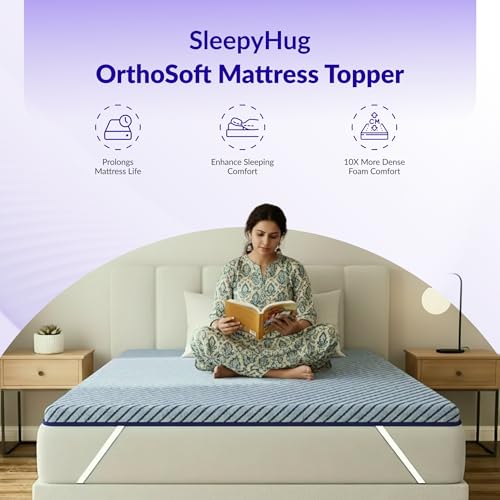 Image of SleepyHug OrthoSoft PRO Mattress Topper | Dual-Layer Memory Foam Comfort with Cooling Gel | Medium Soft Support | Anti-Skid /Elastic Strap Secure Fit | 72x60x2 Inches, Queen, Navy Blue