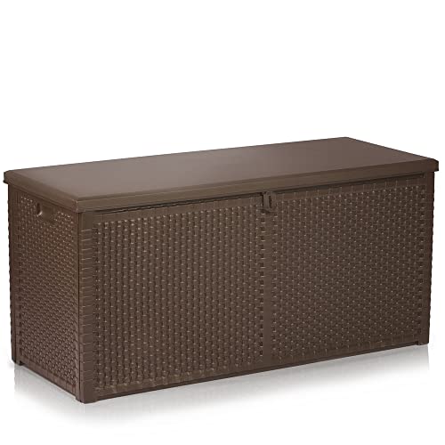 R.G. Gartenbox Auflagenbox 270L 300L Kunststoff Sitzbank Gartenaufbewahrung Aufbewahrungsbox Aufbewahrungskiste Kissenbox Gerätetruhe Kiste Box Braun Schwarz Weiß (Braun 300L)