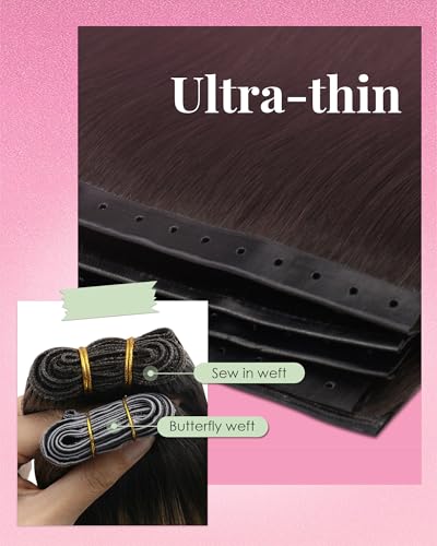 Image of YoungSee 100g 28 Inch Butterfly Weft Extensions, Dark Brown Real Human Hair Butterfly Weft Hair Extensions, Remy Straight Hair PU Hole, One Piece OVO Wefts Hair Extension for DIY