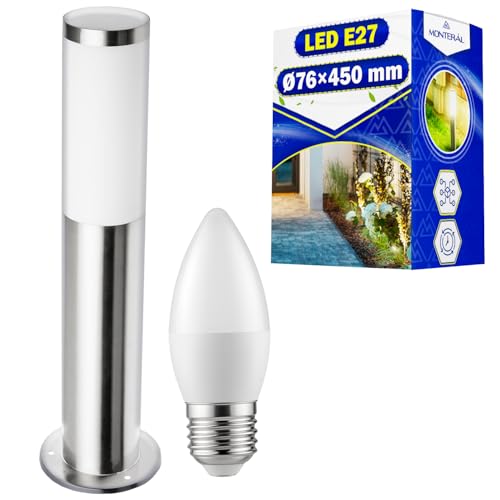 MONTERAL Juego de Baliza Exterior Jardin y Bombilla LED E27 Ø 76 x 450 mm - Luces Exterior Jardin Suelo con Base E27 Fabricada en Acero Inoxidable - Lampada LED 3W 3000K 260 Lm
