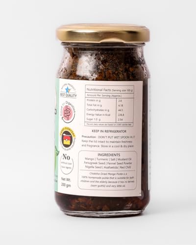 Image of Chokkha Traditional Homemade Dried Mango Pickle (Aam) | Sukha Aam ka Achar | Authentic Indian Taste | Traditional Family Recipe | No Vinegar, Additives or Preservatives | Sundried and Freshly Grounded Spices | Handcut and Pure Homemade | Seedless (No Guthli) | 200 Gm