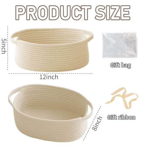 Image of JMvicyroam Small Woven Basket, Empty Gift Basket, Beige /1 Pack | Small Gift Basket, Cotton Rope, 12 x 8 x 9 in, Handles, Includes Ribbon and Bag, Birthday Gift Basket