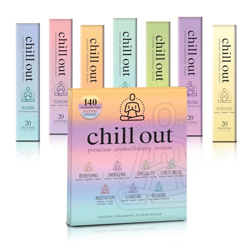Mecka-Chill-Out-Aromatherapy-Incense-Sticks-Gift-Set-Set-of-7-Unique-Scents-140-Insence-Sticks-for-Yoga-Relaxation-Meditation-Positivity-Premium-Organic-and-Slow-Burning-Insenses